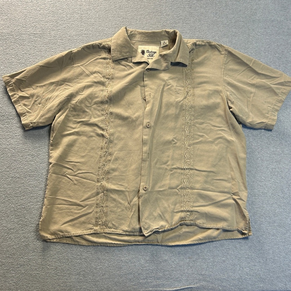 Vintage Silk Circa 1969 Camp Shirt Mens XL 100% Silk Khaki Embroidered Resort